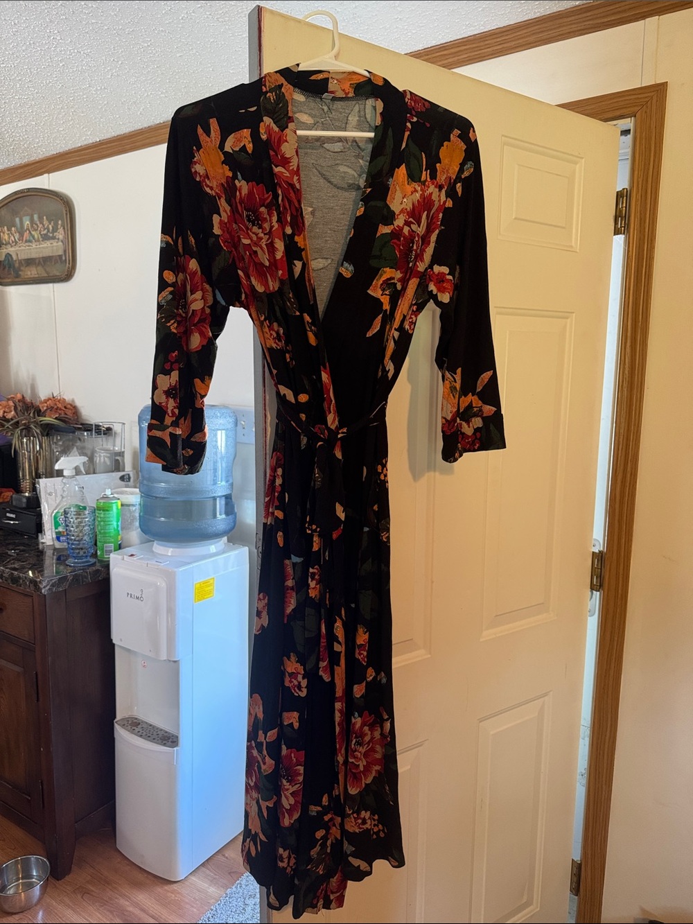 Black Floral Wrap Robe with Red & Orange Blooms - Women Intimates & Sleepwear